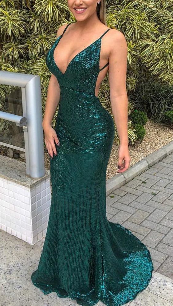 Mermaid Deep V Neck Sweep Train Green Prom Dress With Sequins  cg1465