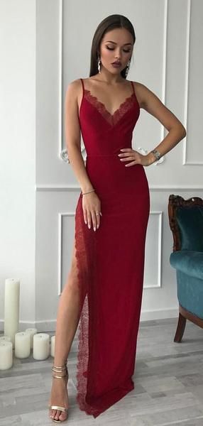 Red Spaghetti Long Side Slit Sheath Prom Dresses, Formal Evening Dresses, Prom Dresses cg1494