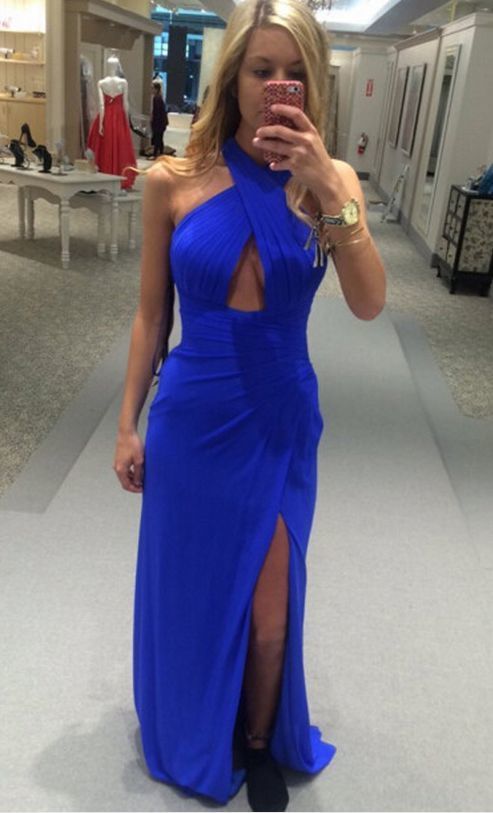 Halter Neck Royal Blue Prom Dress With Split   cg15468