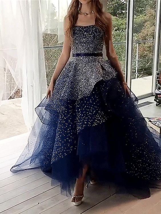Navy Tulle Silver Beading Sequin Ball Gown Prom Dresses   cg15501