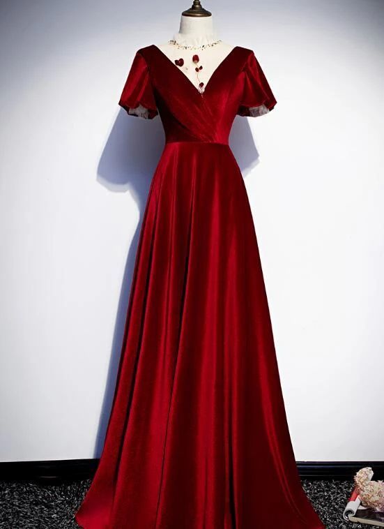 Dark Red Velvet New Style Long Prom Dress, Charming Formal Gown     cg15586