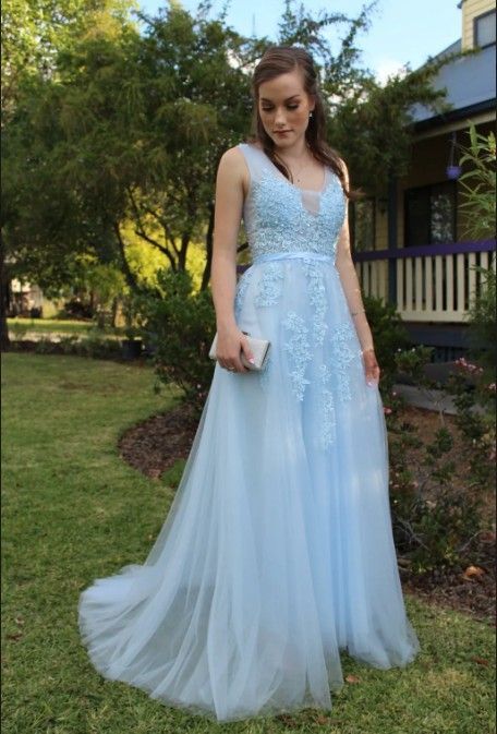 Light Blue A-line Tulle and Lace Appliqued Long Prom Dress   cg15593