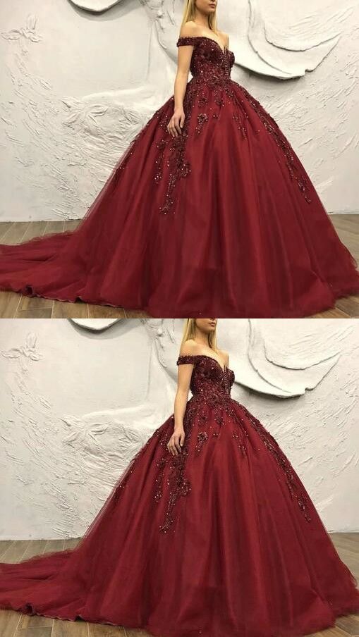 Maroon Wedding Dress Off Shoulder PROM DRESS  cg15615