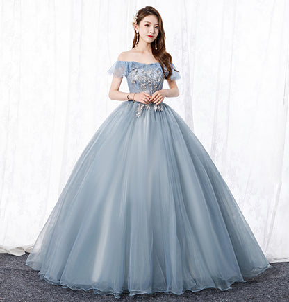 GREY TULLE LACE LONG PROM GOWN A LINE EVENING DRESS    cg15660