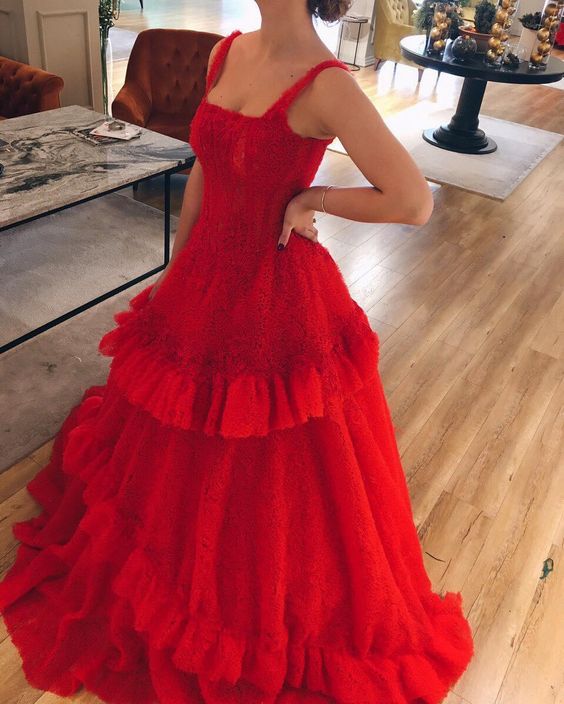 A-line red tulle and lace appliqued long plus size formal dress prom dress   cg15663