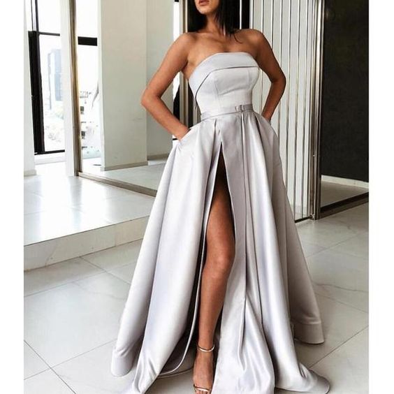 Light Grey Satin Strapless Pockets Fashion Prom Dresses cg1570