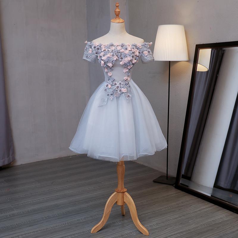 Light Grey Tulle Short Prom Dress With Flowers, Grey Homecoming Dress Graduation Dress   cg15747