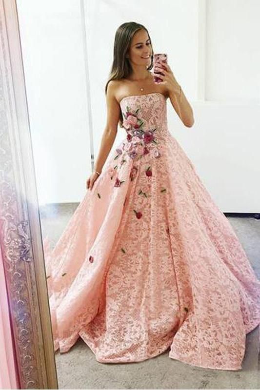 Strapless Pink Lace Long Ball Gown with Floral Embroidery Cheap Prom Dresses    cg15824