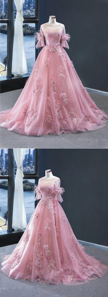 Unique Pink Tulle lace Mid Sleeve Long A Line Formal Prom Dress, Evening Dress   cg15862