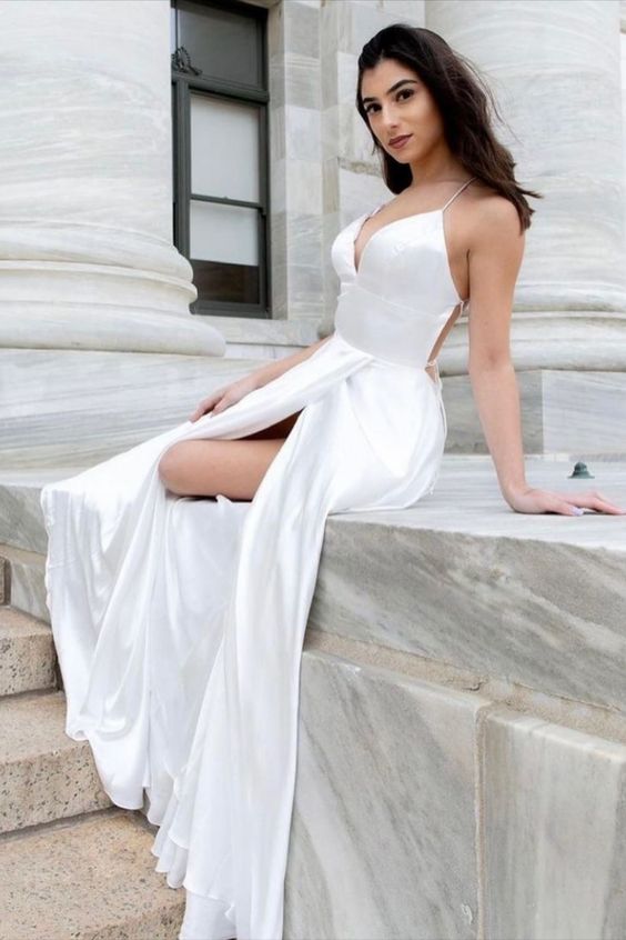 White Satin Long Prom Dress    cg15871