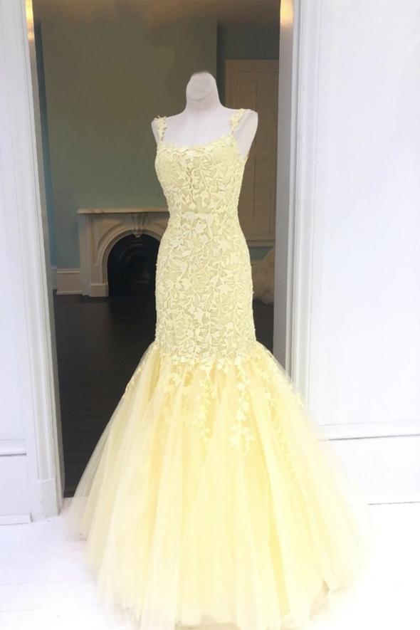 Yellow tulle lace long prom dress mermaid evening dress   cg15878