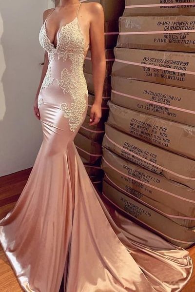 Sexy Mermaid Backless Prom Dress Nude V Neck Long Lace Spaghetti Straps Prom Dresses   cg15929