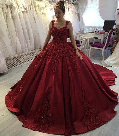 New Elegant Burgundy Lace Beaded Prom Dress,Ball Gown Long Train Formal Dresses,Quinceanera Dresses   cg15930