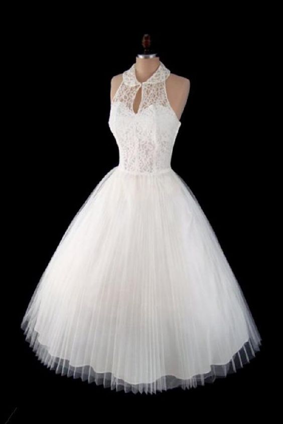 Homecoming Dresses Lace, Elegant Turn-down Collar Key Hole Sleeveless Tea-Length Homecoming Dress With Lace cg1627
