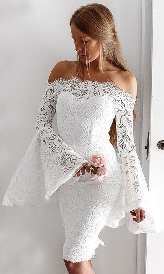 Sheath Off-the-Shoulder Bell Sleeves Knee-Length White Lace Homecoming Party Dress cg1658