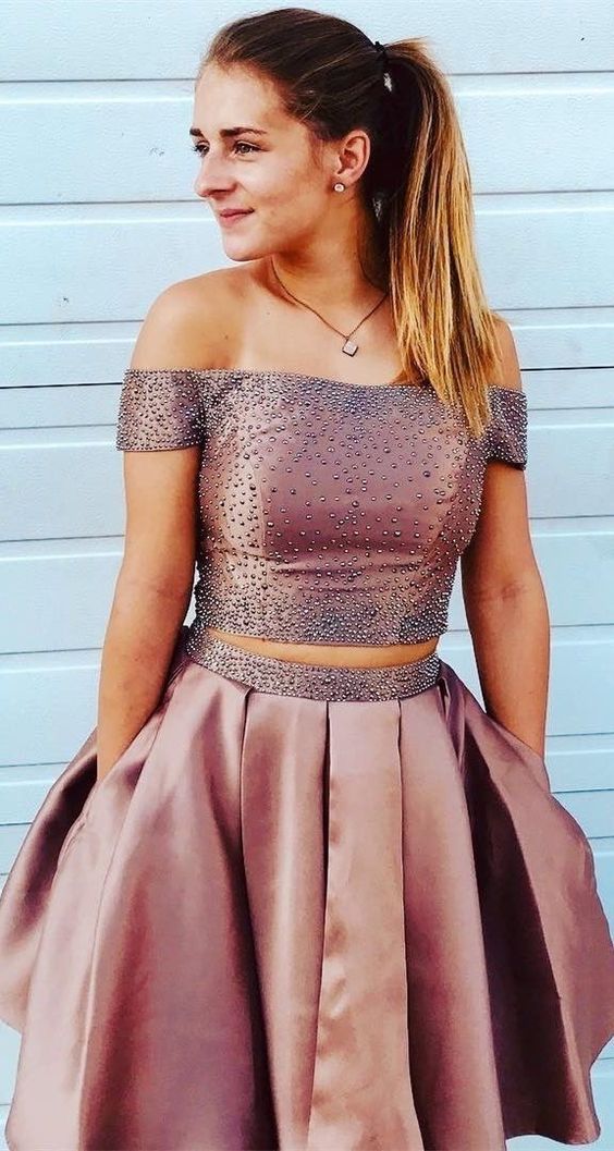 Two Piece Off Shoulder Short Homecoming Dresses Gowns cg1683