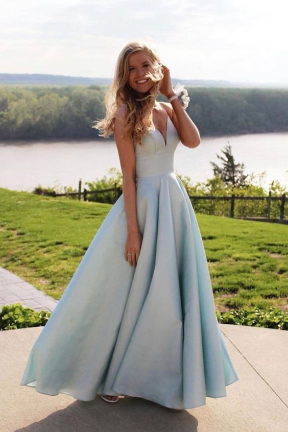 Simple blue sweetheart long prom dress. blue evening dress cg1697