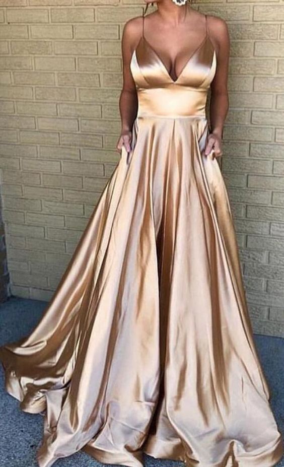 Spaghetti Straps Long Gold Prom Dress cg1710