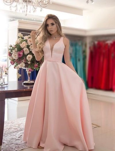 Simple V Neck Pink Prom Dresses, Satin Long Formal Dresses  cg1720