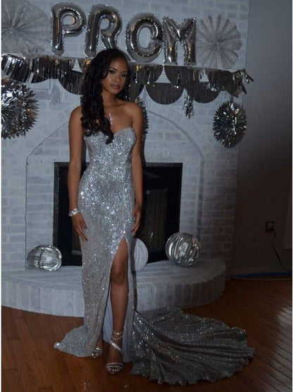 Sexy Mermaid Sweetheart Sweep Train Silver Sequined Prom Dress with Split, Long Prom Dress   cg17222