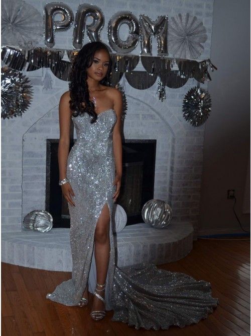 Sexy Mermaid Sweetheart Sweep Train Silver Sequined Prom Dress with Split, Long Prom Dress   cg17222