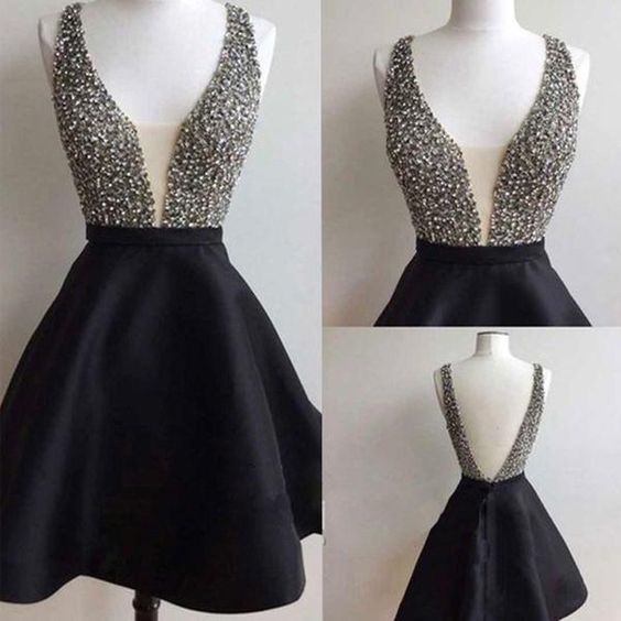 A-Line V-Neck Open Back Black Satin Short Homecoming Dress With Beading cg1723