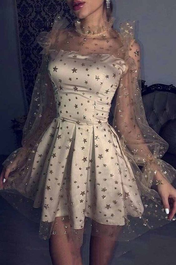 Party Dresses Tulle Long Sleeves Star Homecoming Dress cg1736