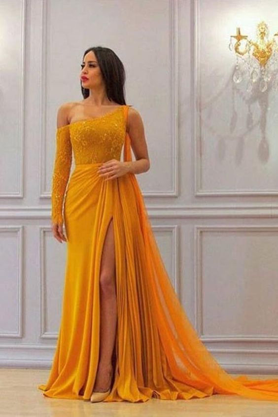 A Line Yellow One Long Sleeve Chiffon Prom Dresses, High Slit Formal Dresses cg1755
