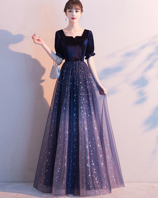 Sparkle Tulle With Velvet Short Sleeves Long Formal Dress prom dress  cg17588