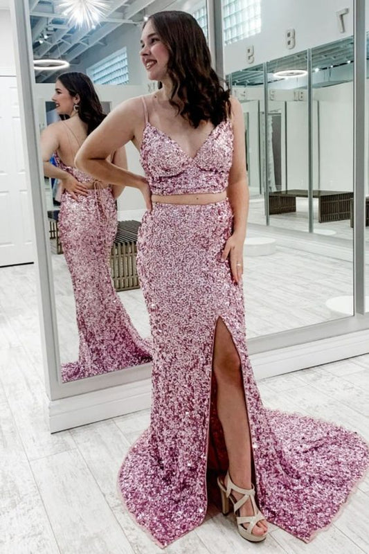 sparkle two piece pink sequined long prom dress with spaghetti straps and mermaid skirt with slit    cg17714
