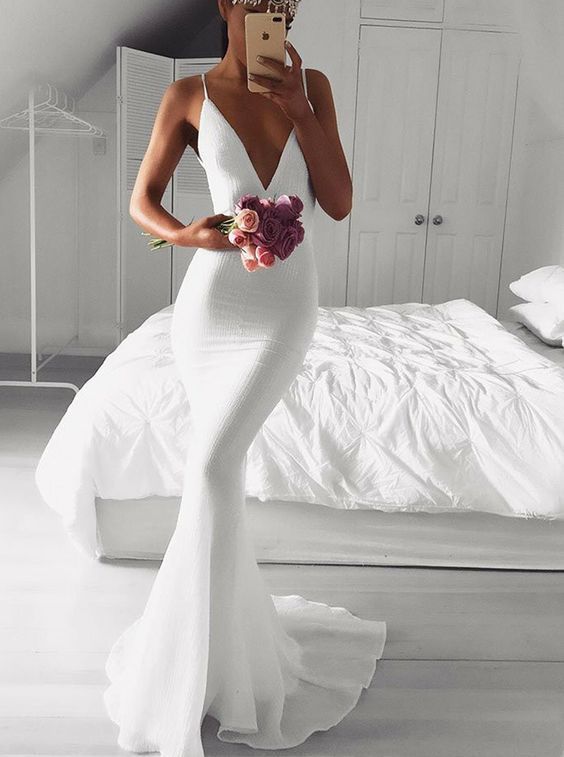 Mermaid Spaghetti Straps Sweep Train White Prom Evening Dress  cg1807
