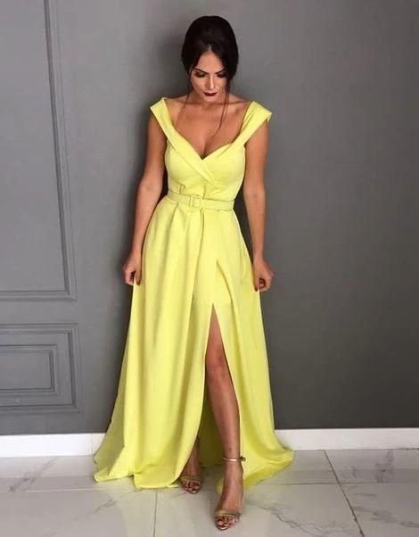 Yellow Prom Dress With Slit , Off The Shoulder Formal Dress   cg18081