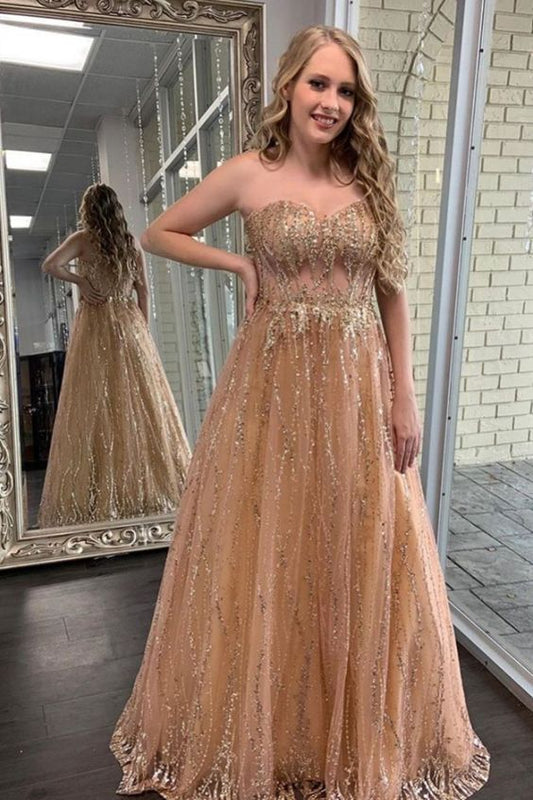 sparkle sweetheart gold sequins tulle prom dress evening dress formal dress   cg18082