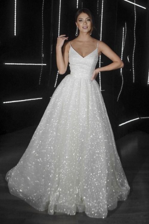 Sparkly Charming V Neck Straps Sequins White Prom Dresses   cg18165
