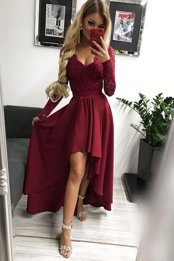 High Low Long Sleeves V Neck Prom Dress, Burgundy A Line Graduation Dress with Lace  cg1824