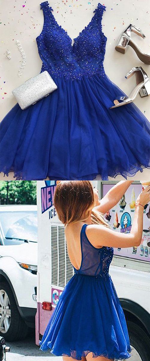 A-Line V-Neck Short Backless Royal Blue Homecoming Dress with Appliques cg1844