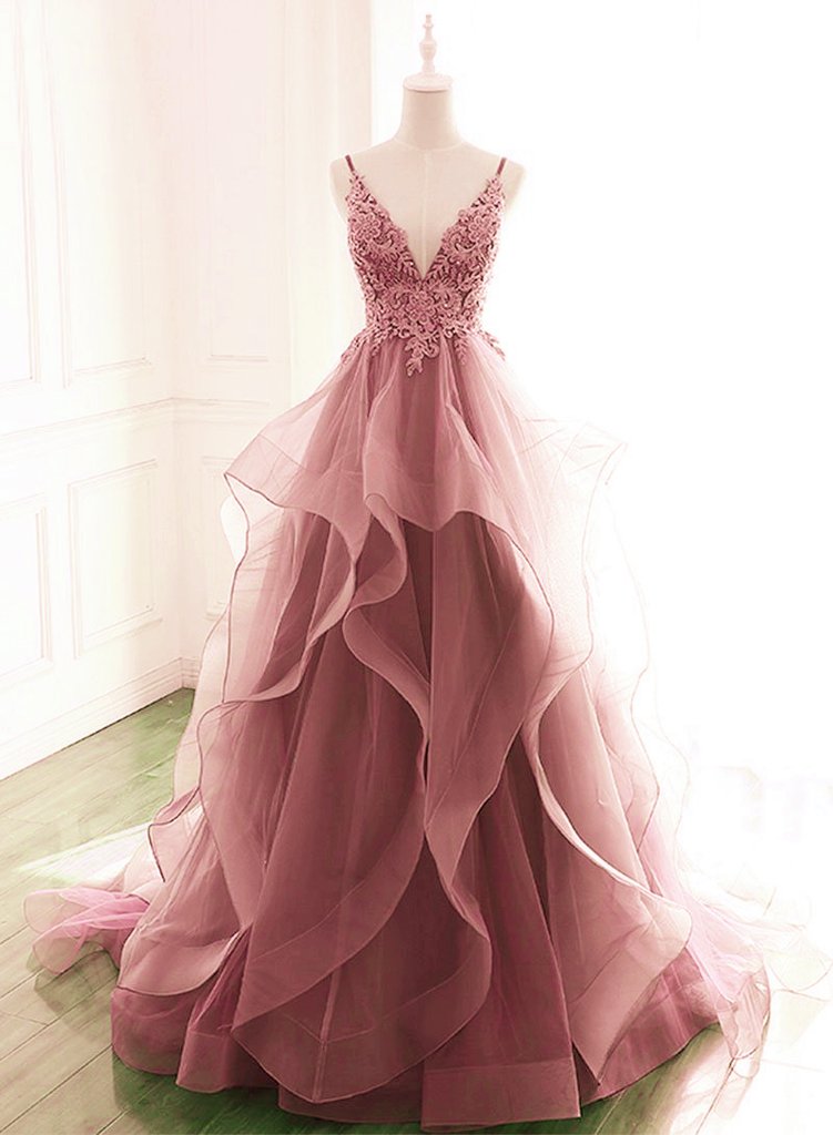 Dark Pink V-Neck Tulle Lace Prom Dress,Spaghetti Strap Prom Dress,Ruffle A Line Formal Dress   cg18781