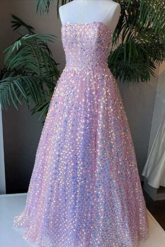 Sparkle Strapless Sequined Pink Prom Dress    cg19049