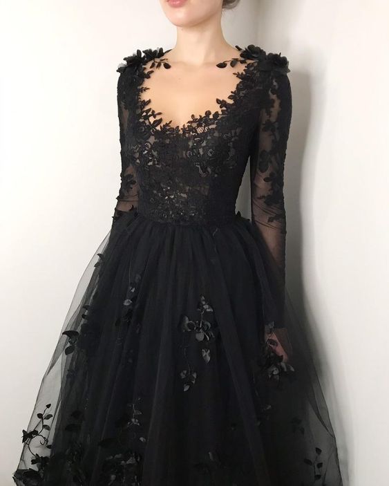 Black floral gothic wedding dress, black flower tulle lace dress, alternative bridal gown prom dress long formal gowns    cg19132