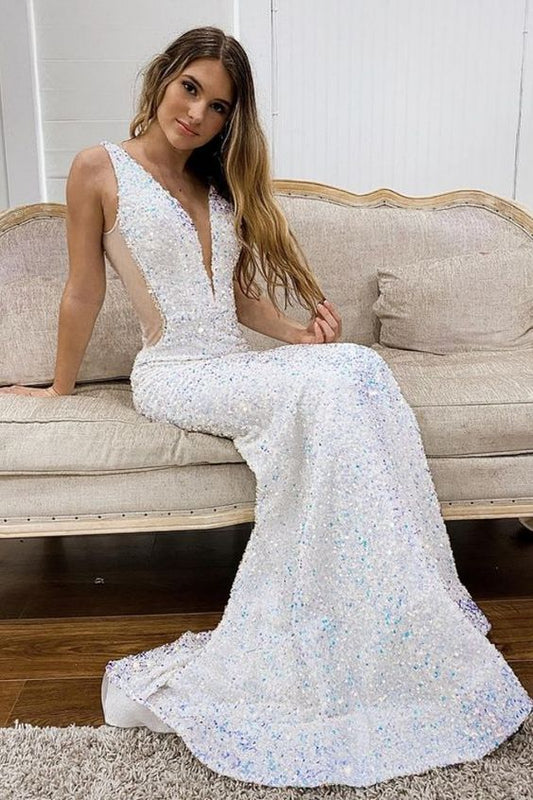 Sparkle Mermaid White Long Prom Dress    cg19750