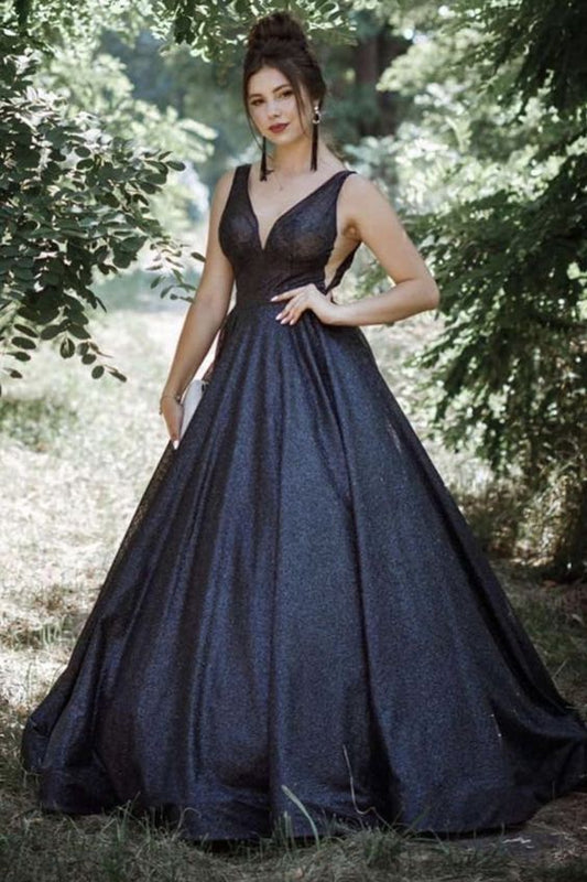 Sparkly Black Ball Gown Prom Dresses Plunge V Neck    cg19212