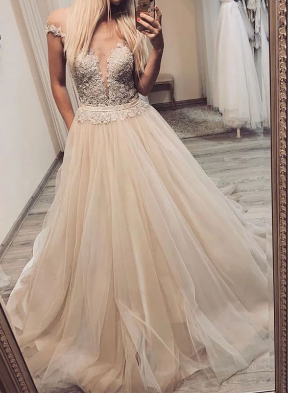 Champagne tulle lace long prom dress, evening dress cg2025