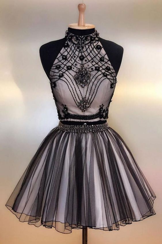 Black tulle beads short dress, black homecoming dress cg2028