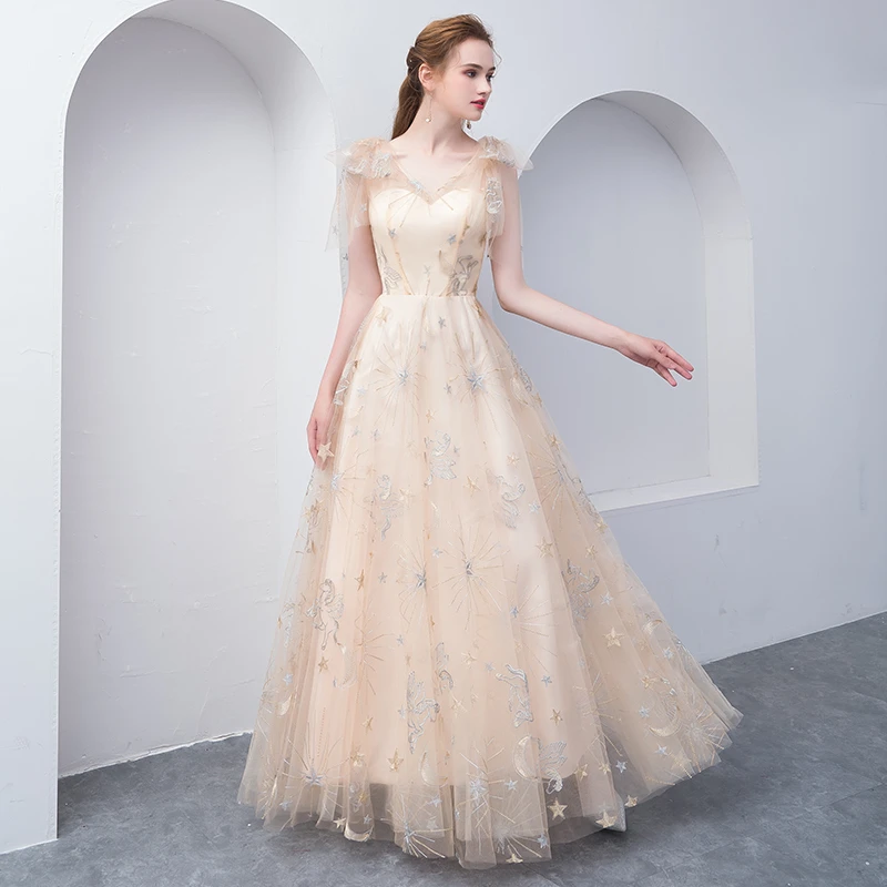 Light Champagne Lovely A-Line Floor Length Party Dress, Cute Tulle Bridesmaid Dress prom dress evening dress     cg20677