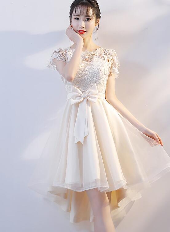 Lovely Champagne Tulle High Low Party Dress, Cute Lace Homecoming Dress With Bow cg2090