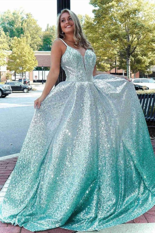 sparkle ombre green sequined prom ball gown    cg20915