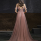 Pink Sweetheart Straps Beaded Long Formal Dress, Pink Tulle A-Line V Back Evening Dress Prom Dress   cg21329