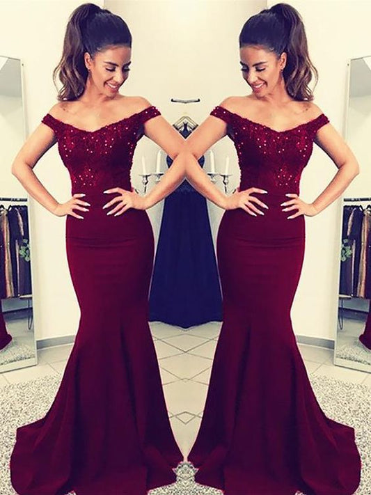 Charming Burgundy Off Shoulder Elastic Satin Long Mermaid Lace Prom Dresses    cg21390
