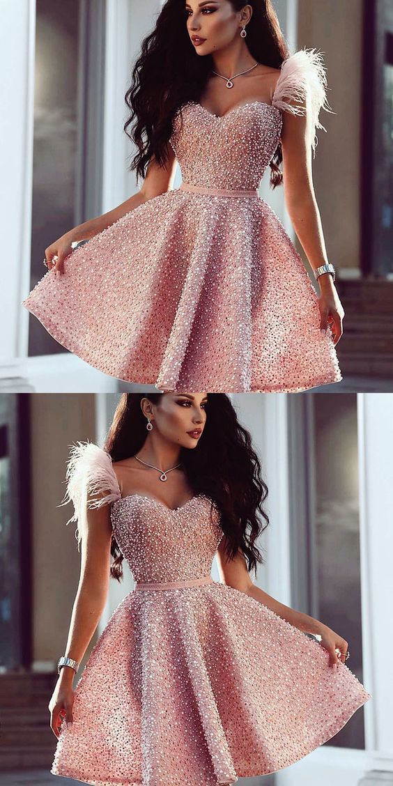 Sweetheart Pink Beaded Short homecoming Dress with Feathers, Cutest Pink Dresses for Homecoming  cg214