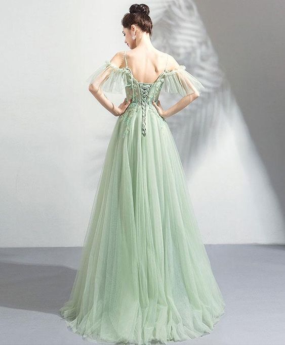 Green tulle off shoulder long prom dress, green tulle evening dress cg2143